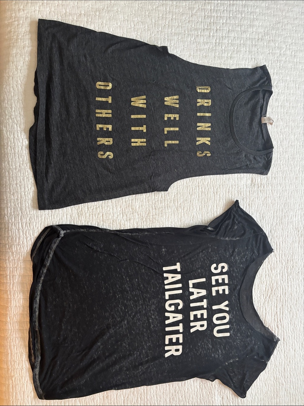 5/$15! Women’s medium tops with funny word ing bundle. Black t-shirt & gray tank